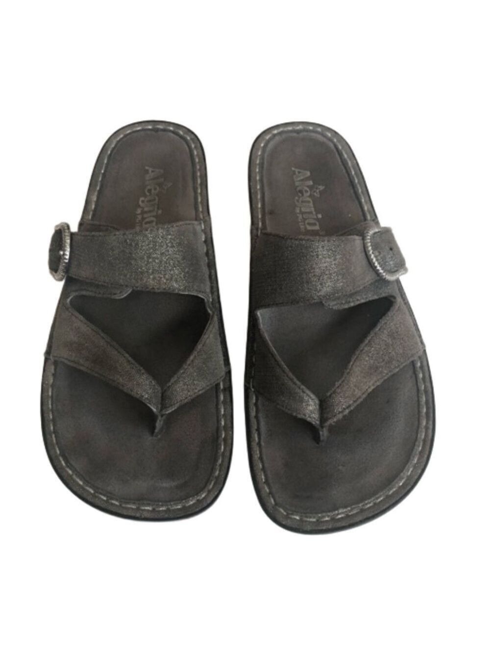 Alegria silver sparkly sandals. Toe prong buckle leather size 8.5(?)